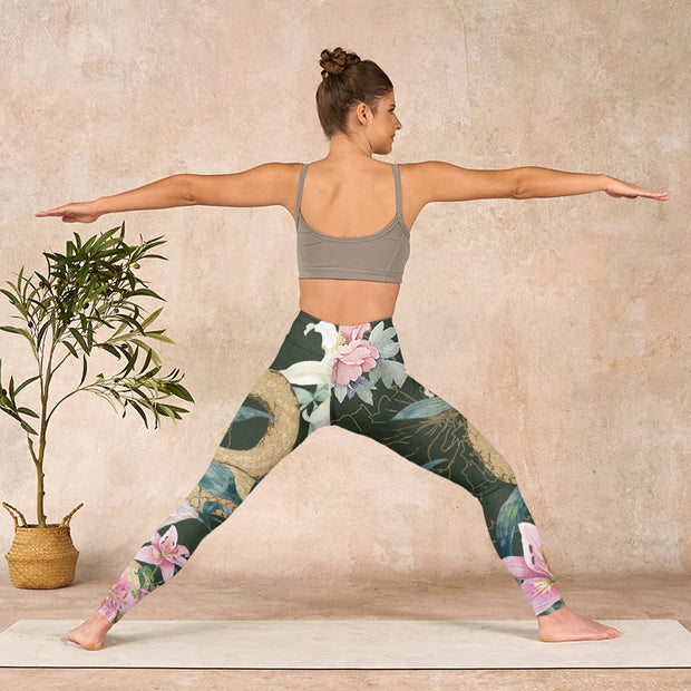 Buddha Stones Green Golden Snake Lily Peony Flowers Print Gym Leggings Women's Yoga Pants