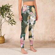 Buddha Stones Green Golden Snake Lily Peony Flowers Print Gym Leggings Women's Yoga Pants Leggings BS 3