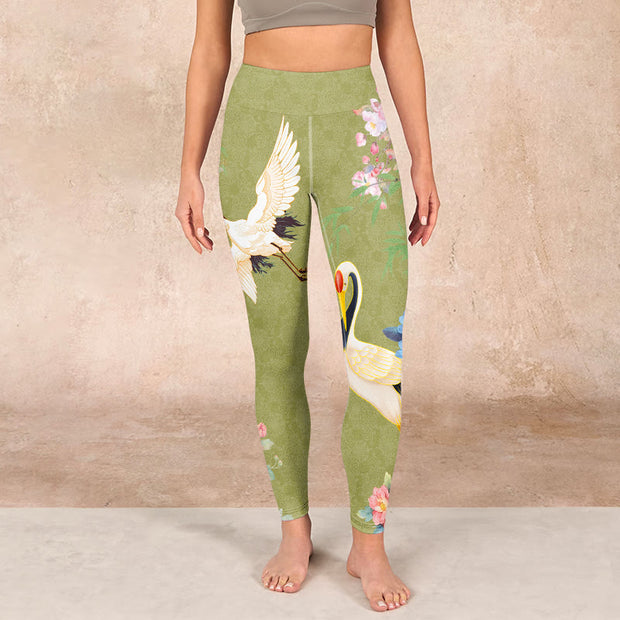 Buddha Stones Hibiscus Birds Bamboo Print Gym Leggings Women's Yoga Pants Leggings BS 1