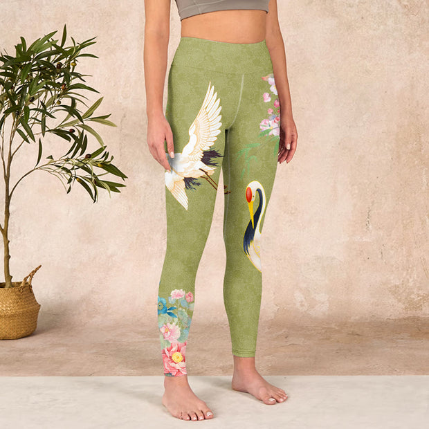 Buddha Stones Hibiscus Birds Bamboo Print Gym Leggings Women's Yoga Pants