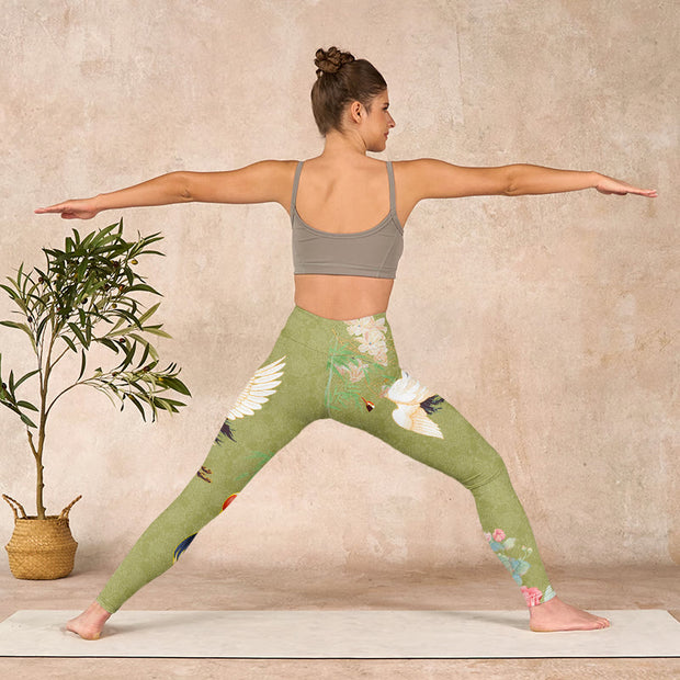 Buddha Stones Hibiscus Birds Bamboo Print Gym Leggings Women's Yoga Pants - image 11