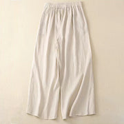 Buddha Stones Casual Solid Color One Button Cotton Linen Women's Wide Leg Pants With Pockets