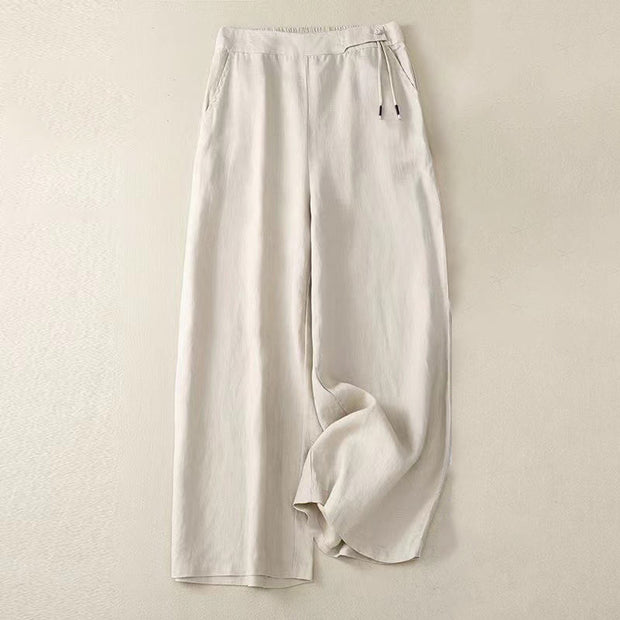 Buddha Stones Casual Solid Color One Button Cotton Linen Women's Wide Leg Pants With Pockets