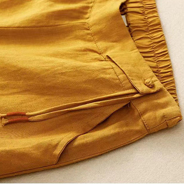 Buddha Stones Casual Solid Color One Button Cotton Linen Women's Wide Leg Pants With Pockets Women's Wide Leg Pants BS 2