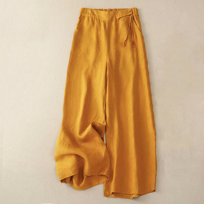 Buddha Stones Casual Solid Color One Button Cotton Linen Women's Wide Leg Pants With Pockets