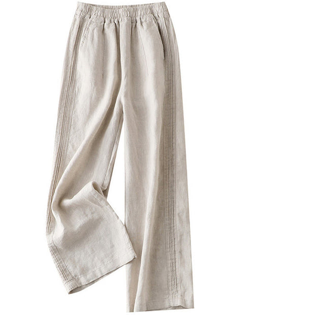 Buddha Stones Casual Plain Color Side Pleats Cotton Linen Women's Wide Leg Pants With Pockets