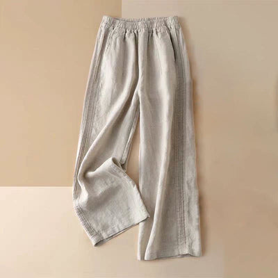 Buddha Stones Casual Plain Color Side Pleats Cotton Linen Women's Wide Leg Pants With Pockets Women's Wide Leg Pants BS Wheat US12，UK/AU16，EU44 (3XL)