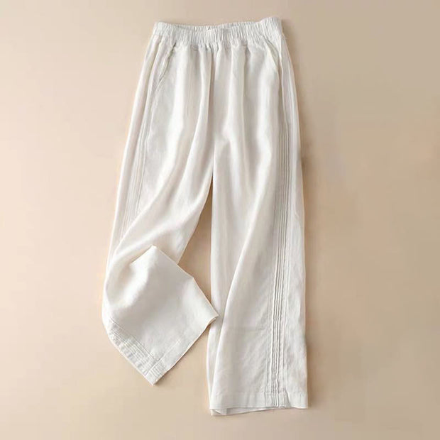 Buddha Stones Casual Plain Color Side Pleats Cotton Linen Women's Wide Leg Pants With Pockets