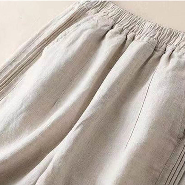 Buddha Stones Casual Plain Color Side Pleats Cotton Linen Women's Wide Leg Pants With Pockets