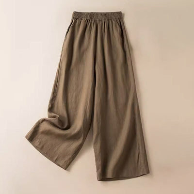 Buddha Stones Casual Solid Color Cotton Linen Women's Wide Leg Pants With Pockets