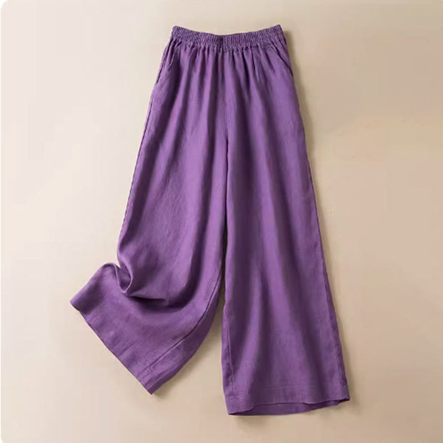 Buddha Stones Casual Solid Color Cotton Linen Women's Wide Leg Pants With Pockets Women's Wide Leg Pants BS Purple US12，UK/AU16，EU44 (3XL)