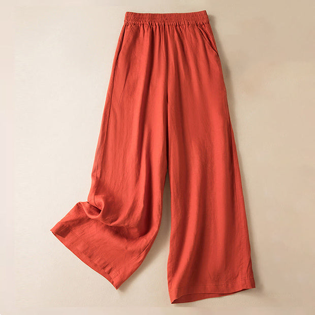 Buddha Stones Casual Solid Color Cotton Linen Women's Wide Leg Pants With Pockets Women's Wide Leg Pants BS OrangeRed US12，UK/AU16，EU44 (3XL)