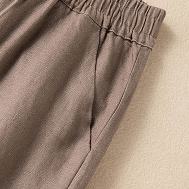 Buddha Stones Casual Solid Color Cotton Linen Women's Wide Leg Pants With Pockets Women's Wide Leg Pants BS 17