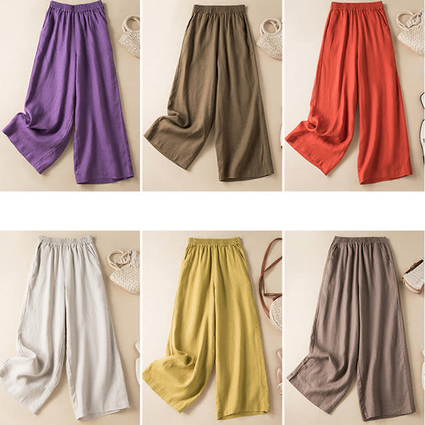 Buddha Stones Casual Solid Color Cotton Linen Women's Wide Leg Pants With Pockets Women's Wide Leg Pants BS 1