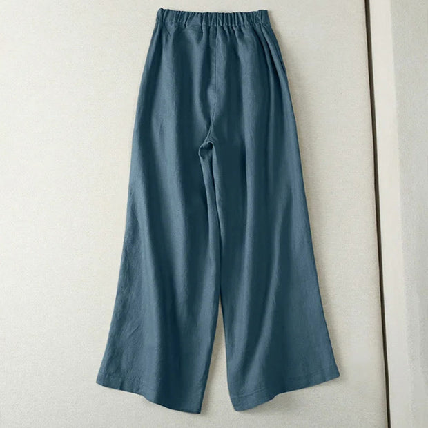 Buddha Stones Casual Solid Color Drawstring Cotton Linen Women's Wide Leg Pants