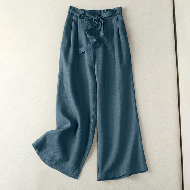 Buddha Stones Casual Solid Color Drawstring Cotton Linen Women's Wide Leg Pants