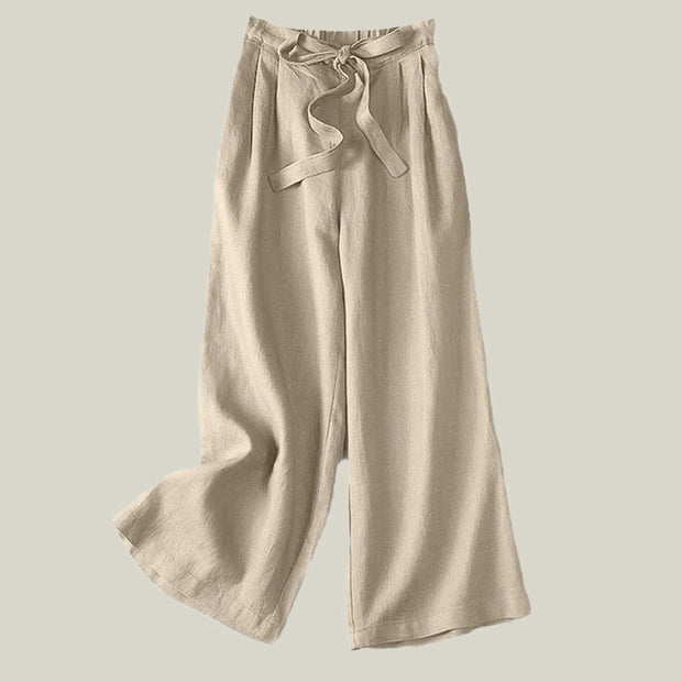 Buddha Stones Casual Solid Color Drawstring Cotton Linen Women's Wide Leg Pants Women's Wide Leg Pants BS Beige US16，UK/AU20，EU48 (5XL)