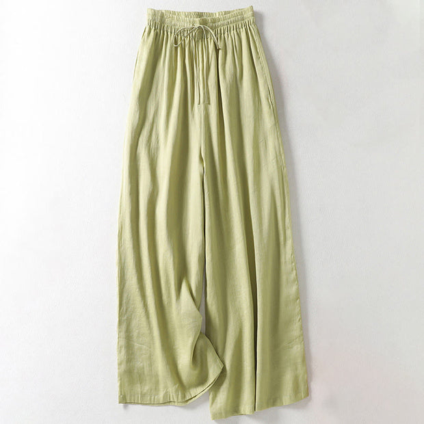 Buddha Stones Solid Color Lace-up Cotton Linen Women's Wide Leg Pants