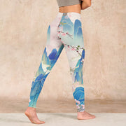 Buddha Stones Plum Blossoms Mountains Print Gym Leggings Women's Yoga Pants Leggings BS 4