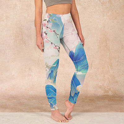 Buddha Stones Plum Blossoms Mountains Print Gym Leggings Women's Yoga Pants