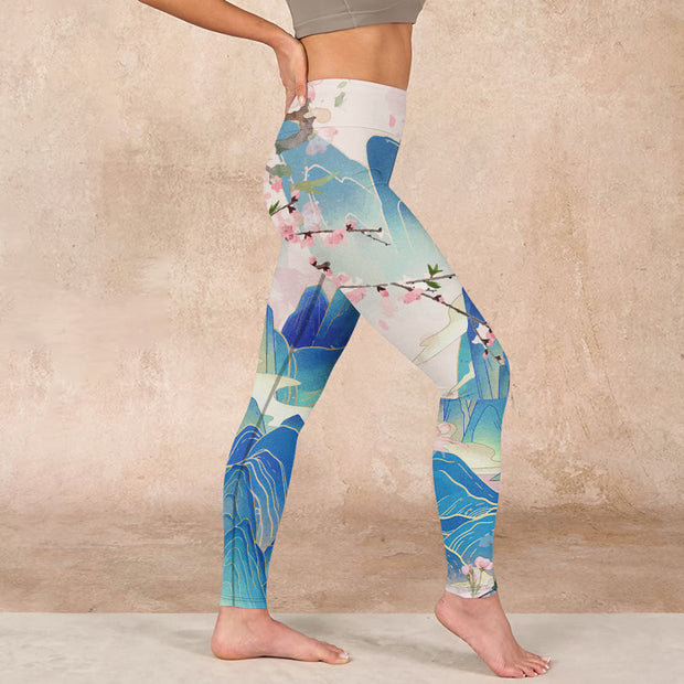 Buddha Stones Plum Blossoms Mountains Print Gym Leggings Women's Yoga Pants Leggings BS 17