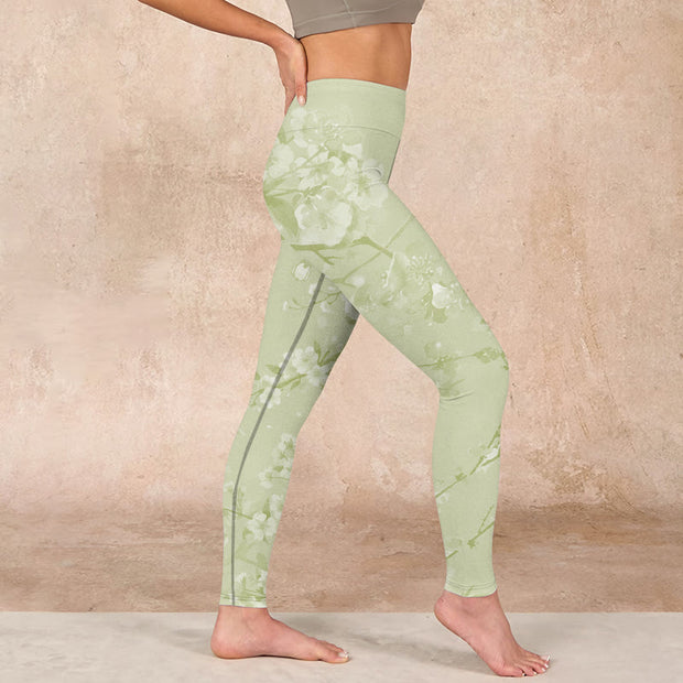 Buddha Stones White Plum Blossoms Print Gym Leggings Women's Yoga Pants