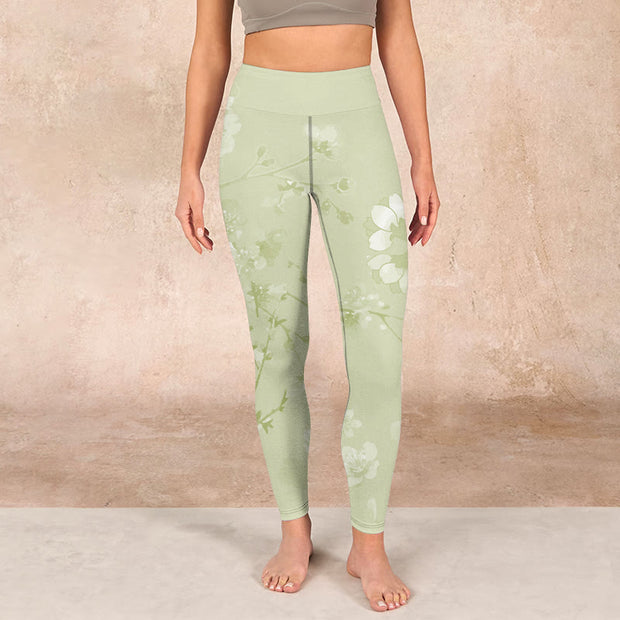 Buddha Stones White Plum Blossoms Print Gym Leggings Women's Yoga Pants