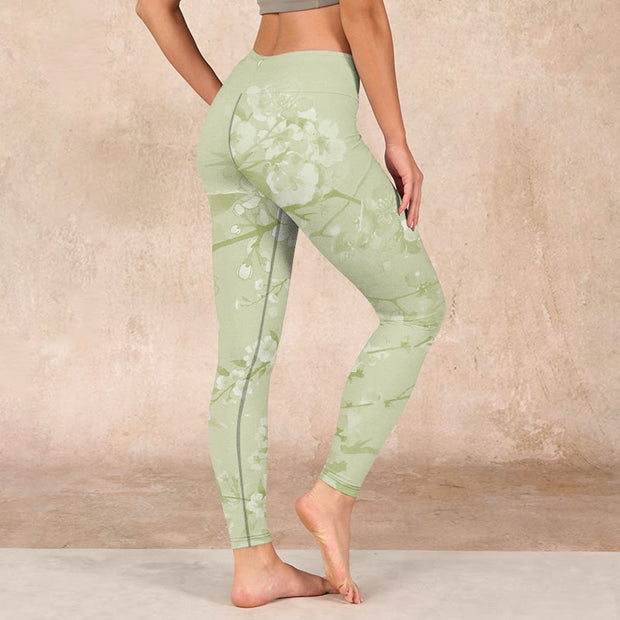 Buddha Stones White Plum Blossoms Print Gym Leggings Women's Yoga Pants