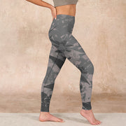 Buddha Stones Gray Leaves Print Gym Leggings Women's Yoga Pants