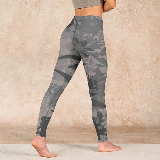 Buddha Stones Gray Leaves Print Gym Leggings Women's Yoga Pants Leggings BS 4