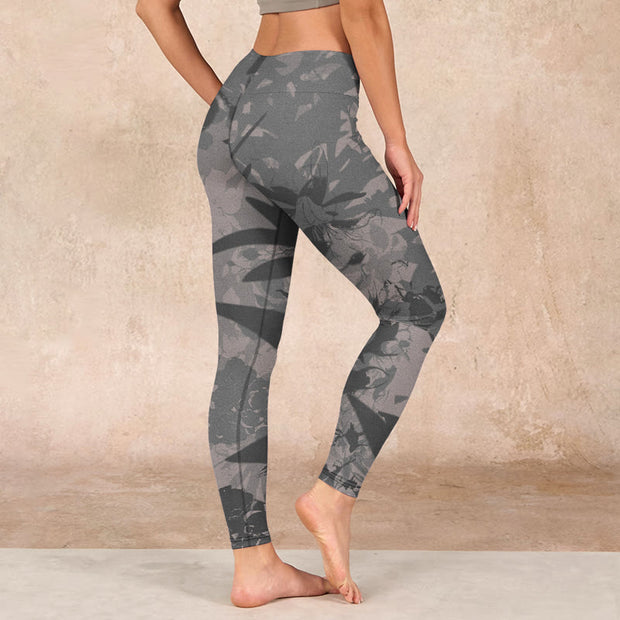 Buddha Stones Gray Leaves Print Gym Leggings Women's Yoga Pants