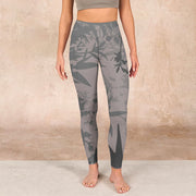 Buddha Stones Gray Leaves Print Gym Leggings Women's Yoga Pants