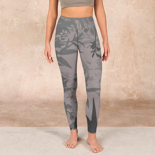 Buddha Stones Gray Leaves Print Gym Leggings Women's Yoga Pants Leggings BS 1