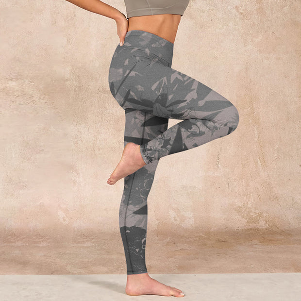 Buddha Stones Gray Leaves Print Gym Leggings Women's Yoga Pants