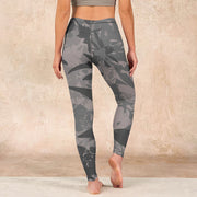 Buddha Stones Gray Leaves Print Gym Leggings Women's Yoga Pants