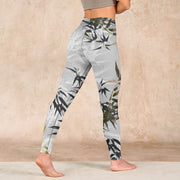 Buddha Stones Dark Gray Bamboo Leaves Print Gym Leggings Women's Yoga Pants