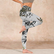 Buddha Stones Dark Gray Bamboo Leaves Print Gym Leggings Women's Yoga Pants