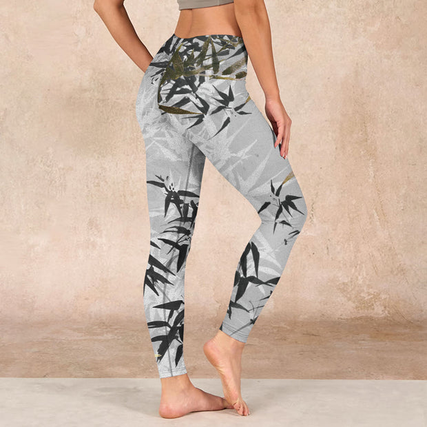 Buddha Stones Dark Gray Bamboo Leaves Print Gym Leggings Women's Yoga Pants