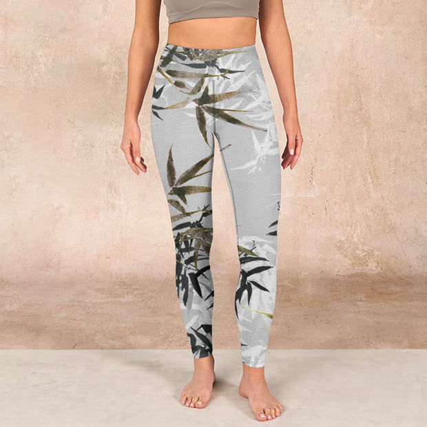 Buddha Stones Dark Gray Bamboo Leaves Print Gym Leggings Women's Yoga Pants - image 2