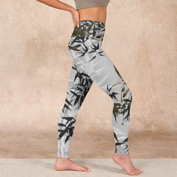 Buddha Stones Dark Gray Bamboo Leaves Print Gym Leggings Women's Yoga Pants