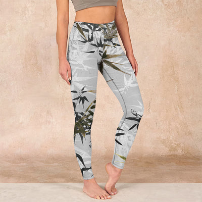 Buddha Stones Dark Gray Bamboo Leaves Print Gym Leggings Women's Yoga Pants