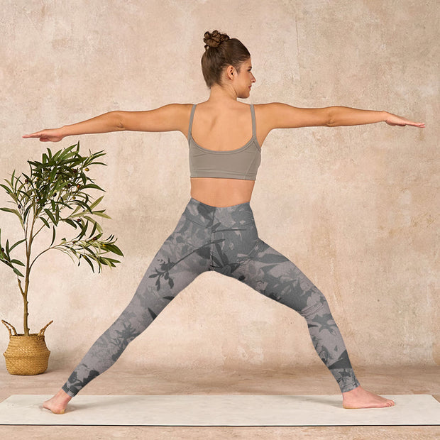 Buddha Stones Gray Leaves Print Gym Leggings Women's Yoga Pants - image 11