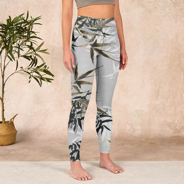 Buddha Stones Dark Gray Bamboo Leaves Print Gym Leggings Women's Yoga Pants