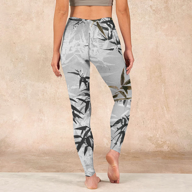 Buddha Stones Dark Gray Bamboo Leaves Print Gym Leggings Women's Yoga Pants - image 15