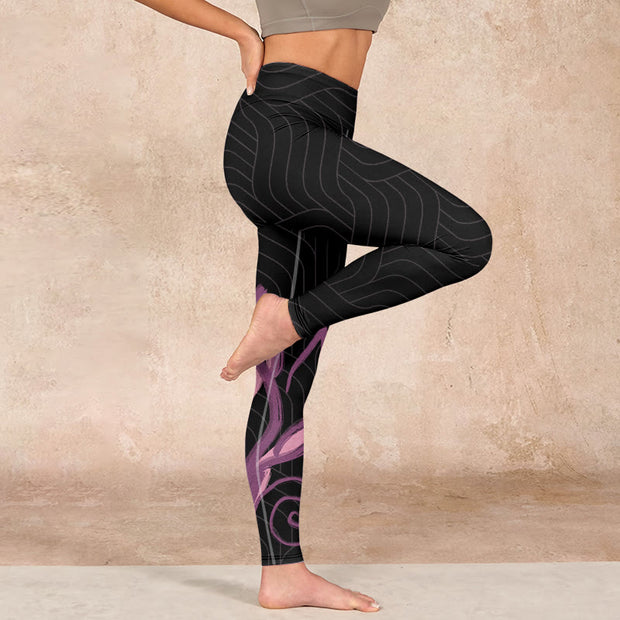 Buddha Stones Black Pink Lotus Flower Print Gym Leggings Women's Yoga Pants