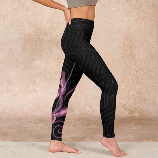 Buddha Stones Black Pink Lotus Flower Print Gym Leggings Women's Yoga Pants - image 17