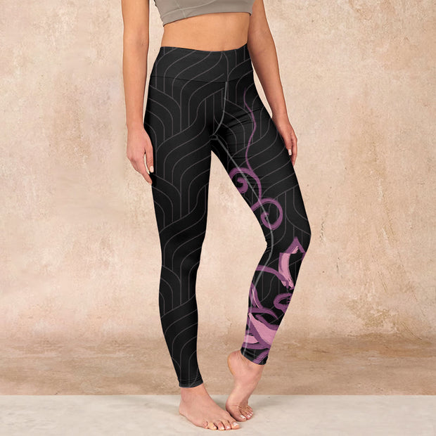 Buddha Stones Black Pink Lotus Flower Print Gym Leggings Women's Yoga Pants - Black - US18，UK/AU22，EU50 (4XL) - image 1