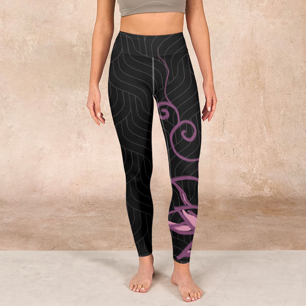 Buddha Stones Black Pink Lotus Flower Print Gym Leggings Women's Yoga Pants - image 2