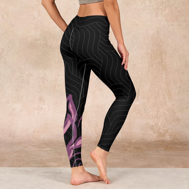 Buddha Stones Black Pink Lotus Flower Print Gym Leggings Women's Yoga Pants