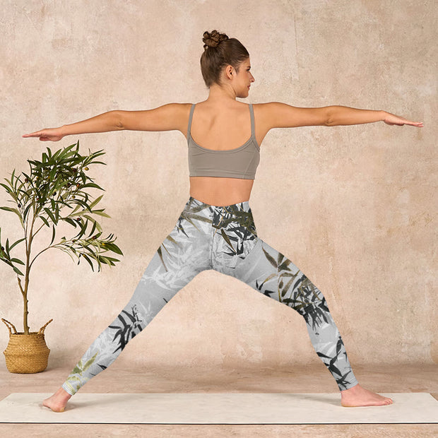 Buddha Stones Dark Gray Bamboo Leaves Print Gym Leggings Women's Yoga Pants